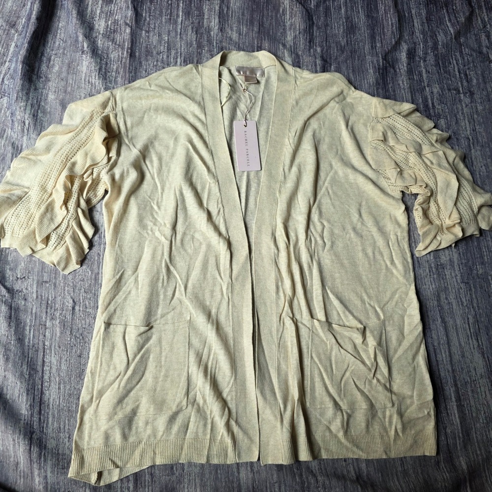 Rachel Parcell Beige Oatmeal Knit Cardigan Sweater Ruffled‎ Sleeve Pockets L
